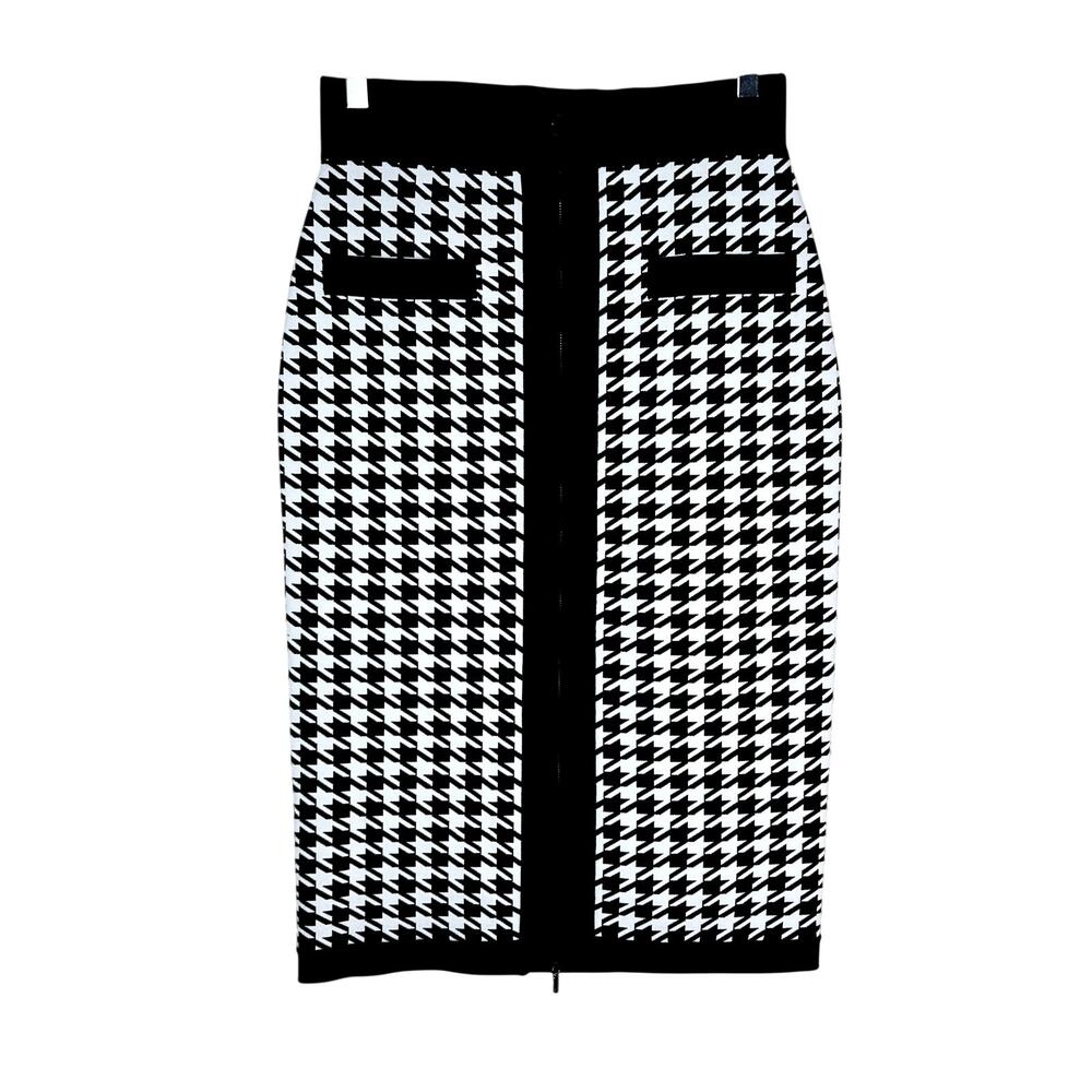 Carlisle Collection Houndstooth Pencil Skirt Stretch Knit Black White Zip SMALL